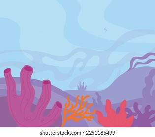 Underwater background. Ocean deep landscape with wild plants. Vector illustration