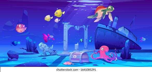 Underwater background with ocean fish, sunken ship and ruins. Vector cartoon of deep seafloor with marine wildlife, treasure chest and shipwrecked steamboat