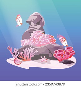 Underwater background. Ocean floor with stones, corrals, algae, and fish. Vector