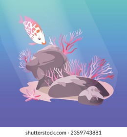 Underwater background. Ocean floor with stones, corrals, algae, and fish. Vector