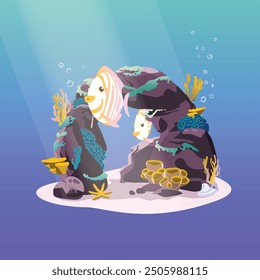 Underwater background. Ocean floor with stones and corrals, algae, and fish. Vector illustration