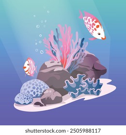 Underwater background. Ocean floor with stones and corrals, algae, and fish. Vector illustration