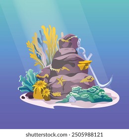 Underwater background. Ocean floor with stones and corrals, algae, and fish. Vector illustration