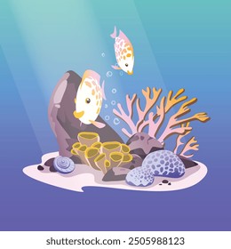 Underwater background. Ocean floor with stones and corrals, algae, and fish. Vector illustration