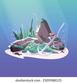 Underwater background. Ocean floor with stones and corrals, algae, and fish. Vector illustration