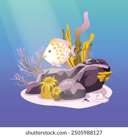 Underwater background. Ocean floor with stones and corrals, algae, and fish. Vector illustration