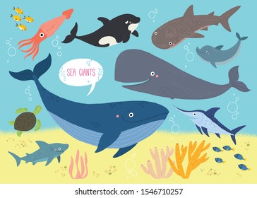 Underwater background with ocean giants. Whale, shark, squid, swordfish, dolphin, ocean turtle, shark, orca. Undersea scene. Sea animals Cartoon vector illustration isolated on blue. Flat style