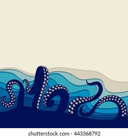 Underwater background with octopus tentacles. Vector illustration with space for text. 