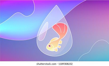 Underwater background with orange sea fish in the water drop. Minimalistic vector graphic design in smooth lines.