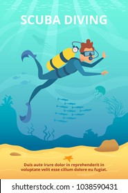 Underwater background picture with cartoon diver. Vector underwater sea, cartoon marine fish and diver illustration