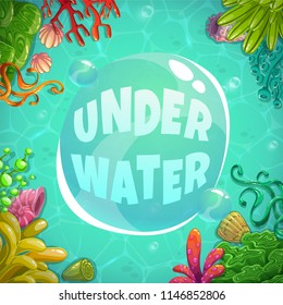 Underwater background with place for text. Ocean bottom with bright colorful sea weeds. Vector under water banner.