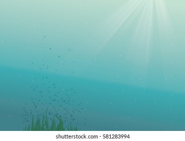 Underwater background with ray lights, bubbles and plants.