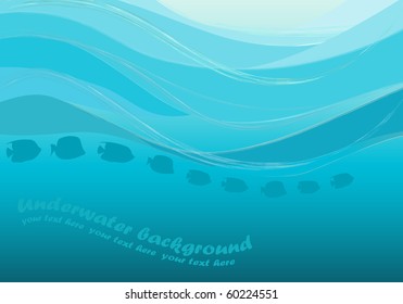 Underwater background with school of fish in a row and lovely painted waves and available space for text.