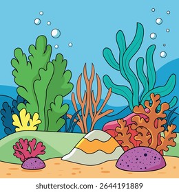 Fundo subaquático. Fundo do mar, algas marinhas, algas coloridas várias. Paisagem tropical. Ilustração isolada de desenho animado de vetor