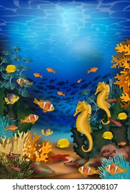Underwater background with seahorse and tropical fish, vector illustration