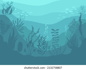 Underwater background with seaweed. Below water, ocean reef with seaweeds and fish silhouettes. Cartoon sea with algae, neat vector marine scene