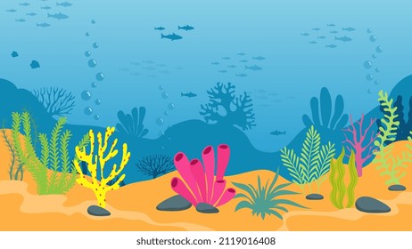 Underwater background with seaweed and fish silhouettes. Marine life, ocean, sea or river world. Cartoon algae plants vector illustration