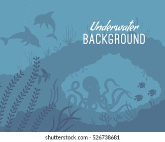 Underwater background shallow, clear and agitated water, exploring the world oceans, help protect. Cartoon flat-style graphic template with copyspace