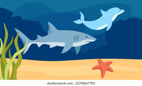 Underwater background with shark, dolphin, starfish and seaweed. Vector illustration.