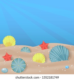 Underwater background. Shells, sea urchins and star fishes on the sand undersea. Vector template.