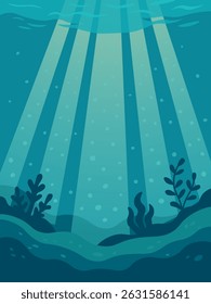 Underwater background with sun rays and sea plants. Ocean floor scenery. Submarine light beams.