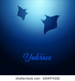 Underwater background with sun rays and silhouette of stingray or manta ray. Deep Ocean banner. Color vector illustration