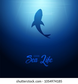 Underwater background with sun rays and silhouette of Shark. Deep Ocean banner. Color vector illustration