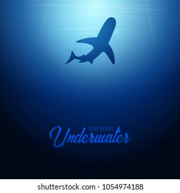 Underwater background with sun rays and silhouette of Shark. Deep Ocean banner. Color vector illustration