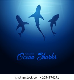Underwater background with sun rays and silhouette of Shark. Deep Ocean banner. Color vector illustration