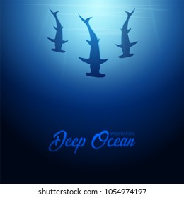 Underwater background with sun rays and silhouette of fish hammer. Deep Ocean banner. Color vector illustration