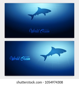 Underwater background with sun rays and silhouette of Shark. Deep Ocean banner. Color vector illustration