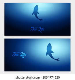 Underwater background with sun rays and silhouette of Shark. Deep Ocean banner. Color vector illustration