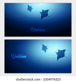 Underwater background with sun rays and silhouette of stingray or manta ray. Deep Ocean banner. Color vector illustration