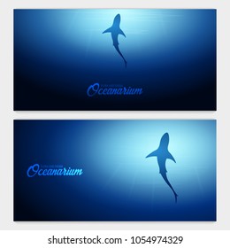 Underwater background with sun rays and silhouette of Shark. Deep Ocean banner. Color vector illustration