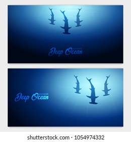 Underwater background with sun rays and silhouette of fish hammer. Deep Ocean banner. Color vector illustration