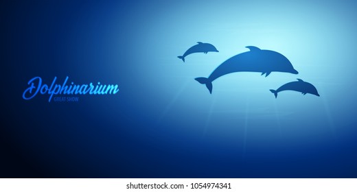 Underwater background with sun rays and silhouette of dolphin. Deep Ocean banner. Color vector illustration