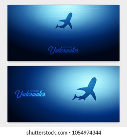 Underwater background with sun rays and silhouette of Shark. Deep Ocean banner. Color vector illustration