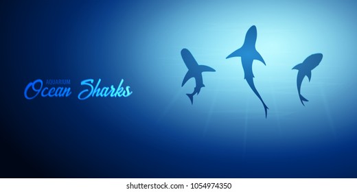 Underwater background with sun rays and silhouette of Shark. Deep Ocean banner. Color vector illustration