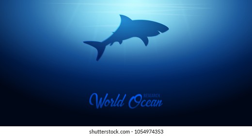 Underwater background with sun rays and silhouette of Shark. Deep Ocean banner. Color vector illustration