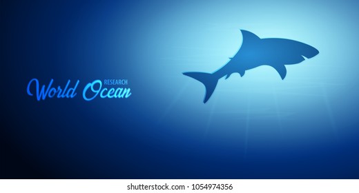 Underwater background with sun rays and silhouette of Shark. Deep Ocean banner. Color vector illustration
