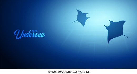 Underwater background with sun rays and silhouette of stingray or manta ray. Deep Ocean banner. Color vector illustration