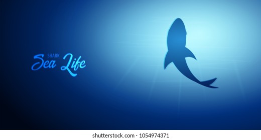 Underwater background with sun rays and silhouette of Shark. Deep Ocean banner. Color vector illustration