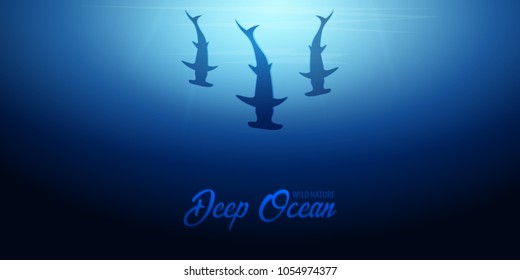Underwater background with sun rays and silhouette of fish hammer. Deep Ocean banner. Color vector illustration