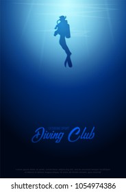Underwater background with sun rays and silhouette of diver. Deep Ocean poster. Color vector illustration