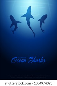 Underwater background with sun rays and silhouette of Shark. Deep Ocean poster. Color vector illustration