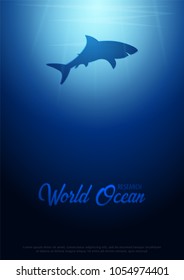 Underwater background with sun rays and silhouette of Shark. Deep Ocean poster. Color vector illustration