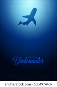 Underwater background with sun rays and silhouette of Shark. Deep Ocean poster. Color vector illustration