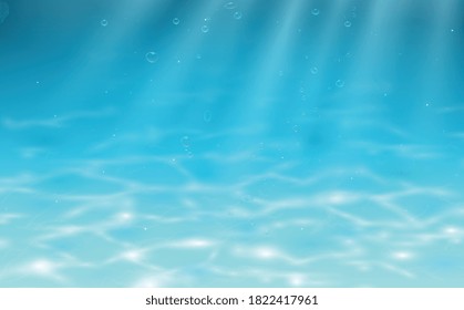 Underwater background with sun rays. Vector realistic underwater view. Ocean deep water, sea under water level, sun rays blue wave horizon. Water surface 3D vector concept. Vector illustration.