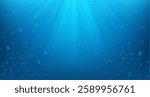 Underwater background with sun rays. Water surface texture with bubbles and ripples. Vector in realistic style, bottom of sea or ocean, lake or river. Clear aqua liquid with sunshine falling through