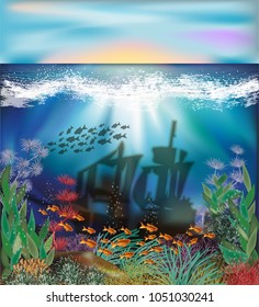 Underwater background with sunken ship, , vector illustration